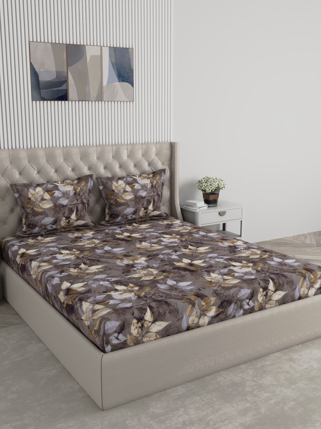 Raymond Home Raymond Home Brown Printed Queen 120 TC Fitted Bedsheet with 2 Pillow Covers-98 x 88 Inch