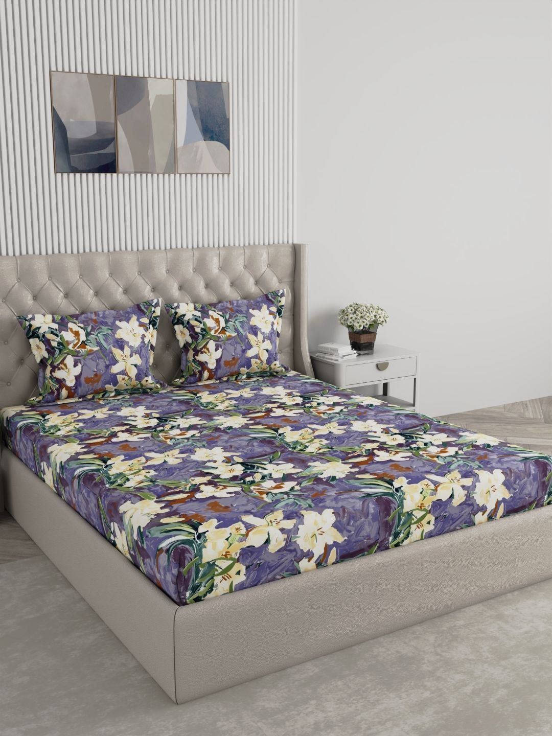 Raymond Home Raymond Home Purple Floral 120 TC Queen Bedsheet with 2 Pillow Covers