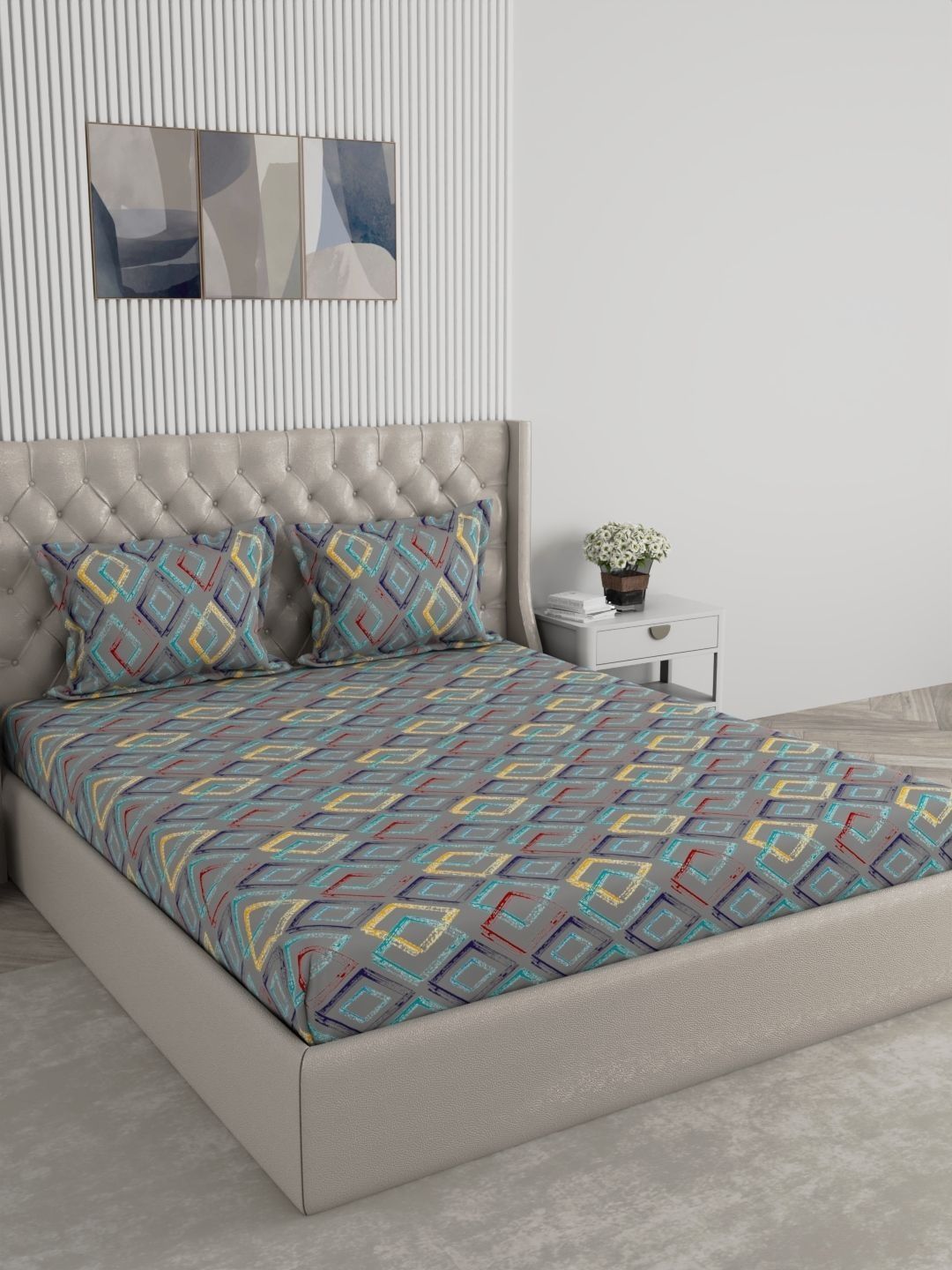Raymond Home Raymond Home Grey Geometric 120 TC King Bedsheet with 2 Pillow Covers