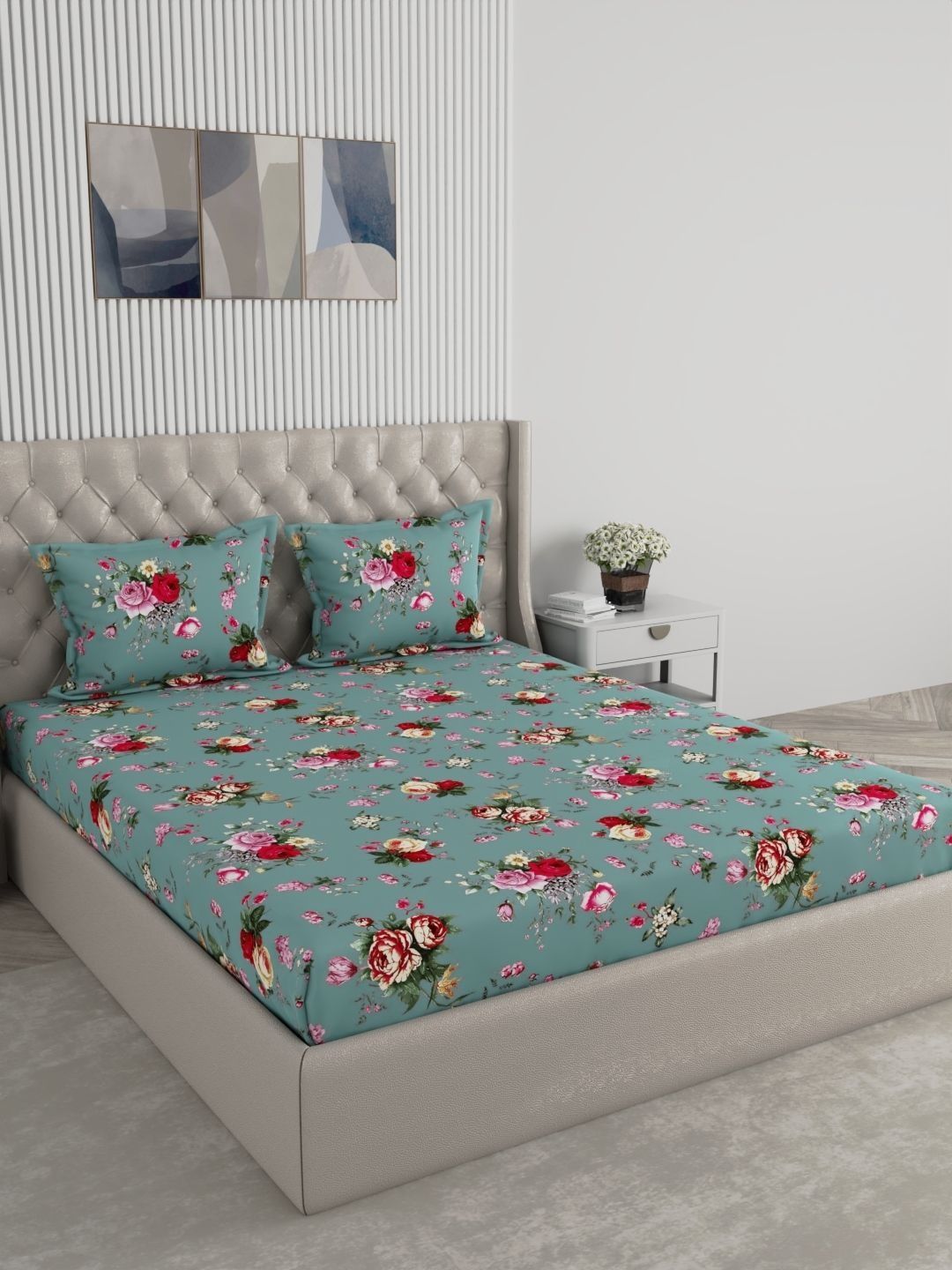 Raymond Home Raymond Home Teal Floral 120 TC King Bedsheet with 2 Pillow Covers