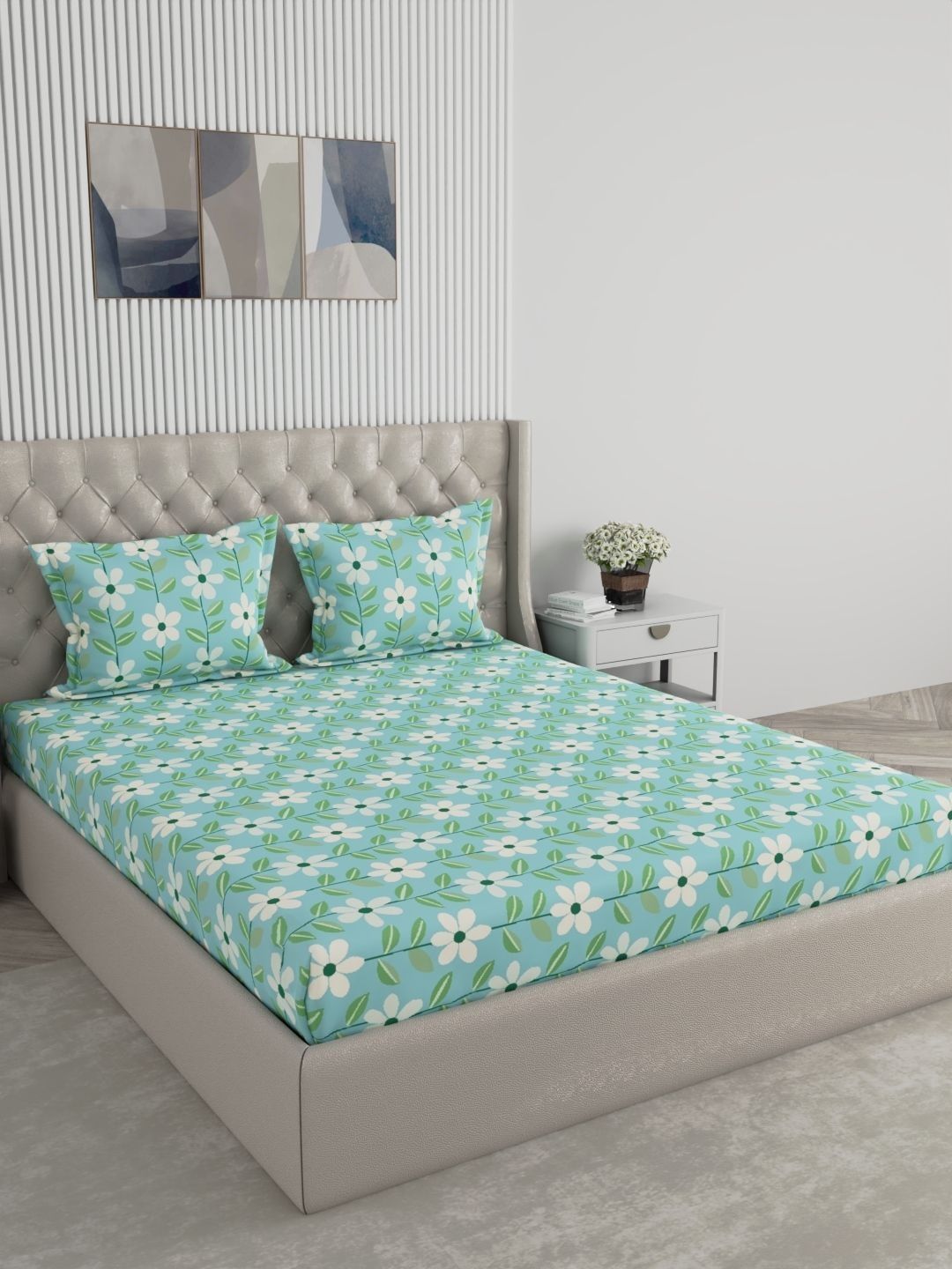 Raymond Home Raymond Home Blue Floral 120 TC Queen Bedsheet with 2 Pillow Covers