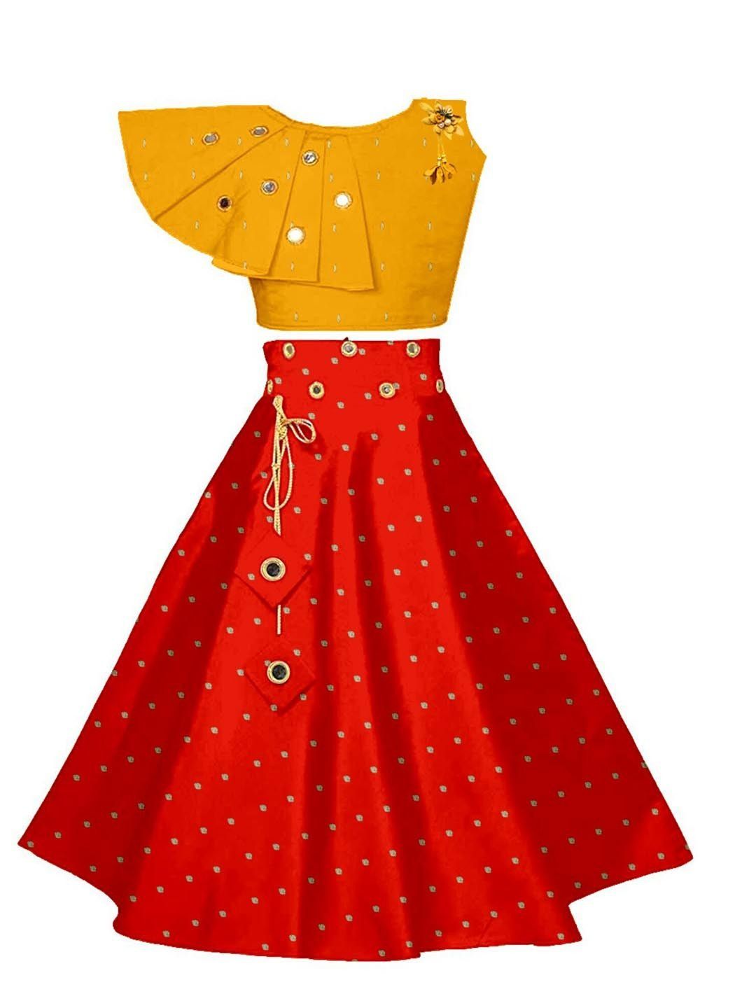 Sangria Girls Polka Dot Printed Mirror Work Round Neck Lehenga With Choli