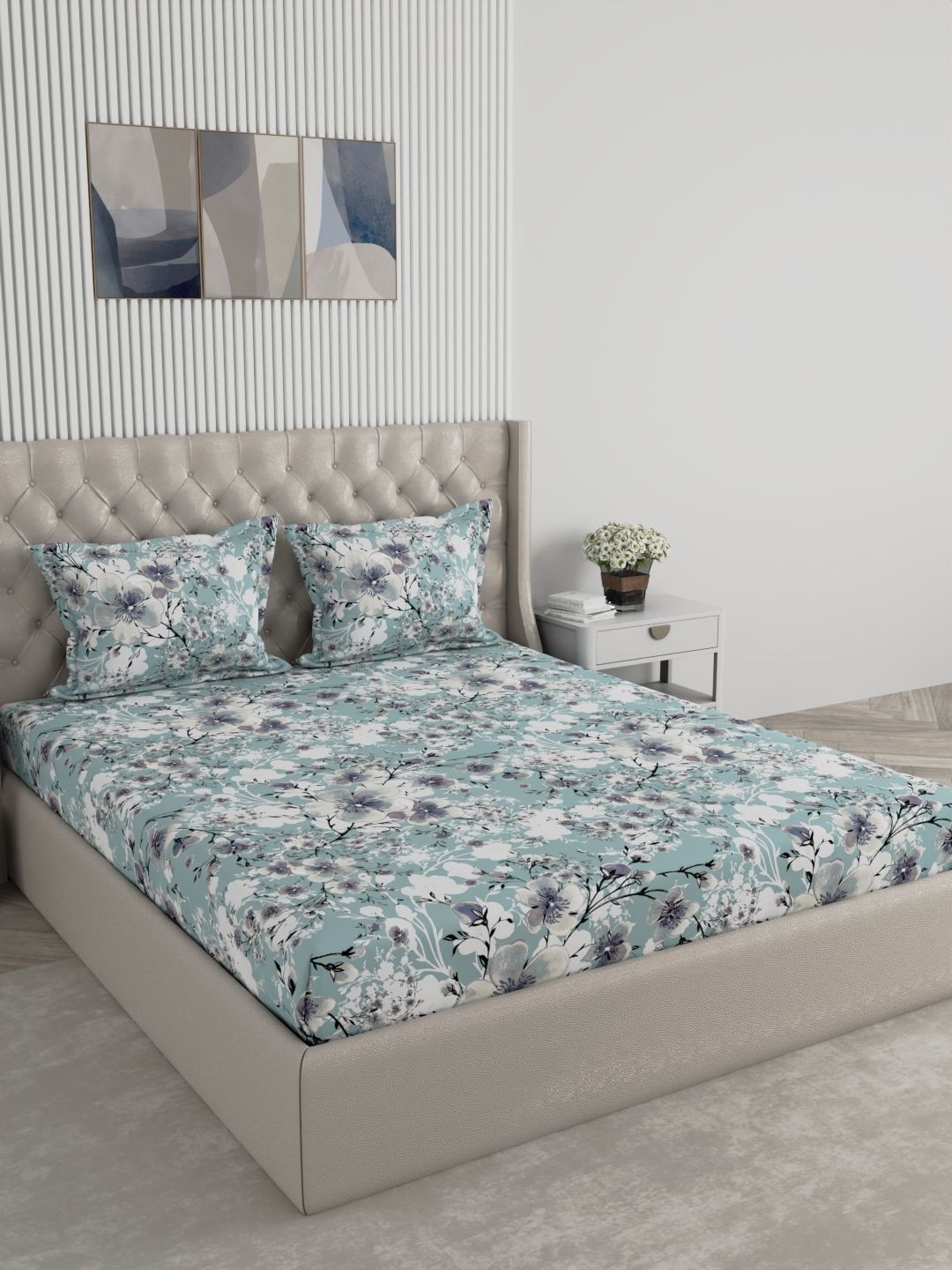 Raymond Home Raymond Home Turquoise Blue Floral 120 TC Queen Bedsheet with 2 Pillow Covers