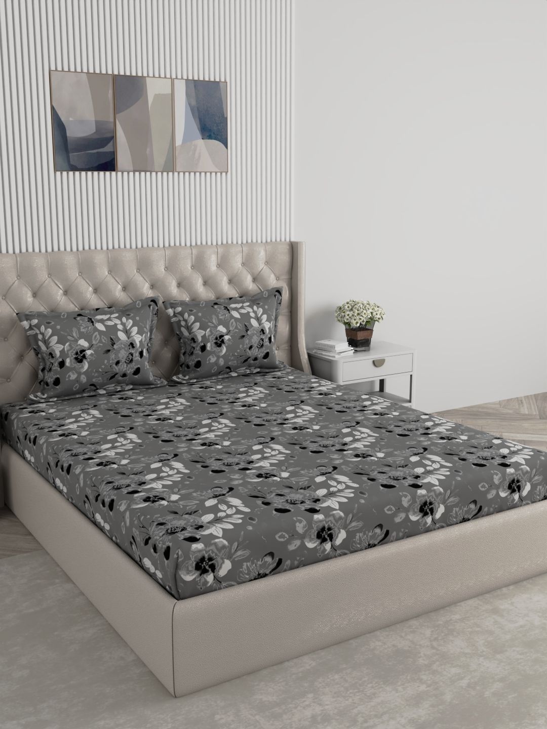 Raymond Home Raymond Home Grey Printed 120TC King Fitted Bedsheet & 2 Pillow Covers 98" x 88"