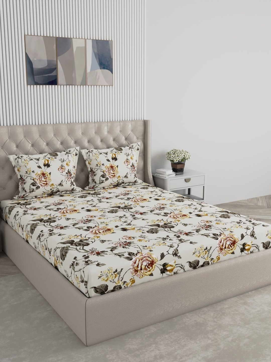 Raymond Home Raymond Home Off White  Printed 120TC King Fitted Bedsheet & 2 Pillow Covers 98" x 88"