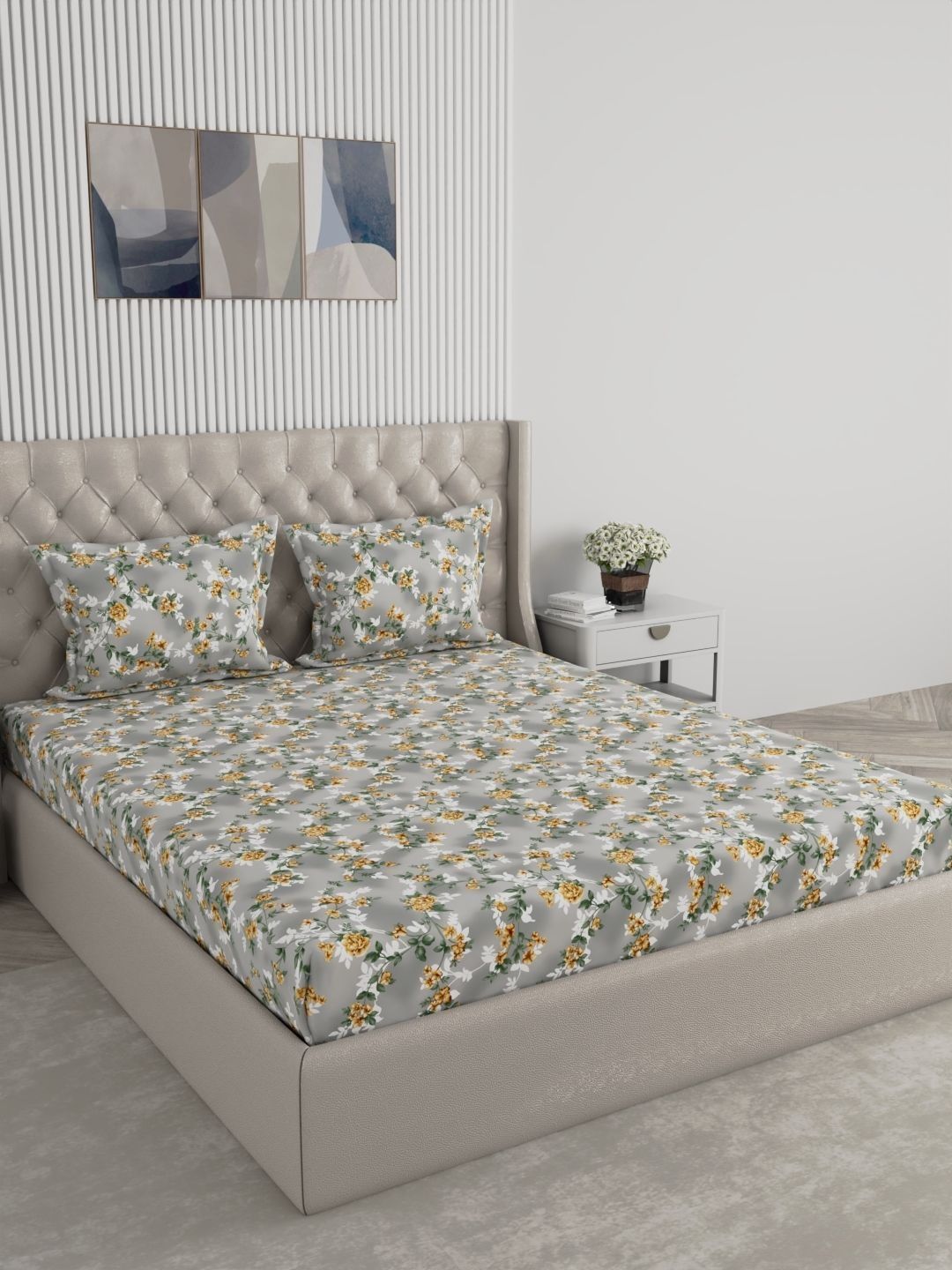Raymond Home Raymond Home Grey Floral 120 TC King Bedsheet with 2 Pillow Covers