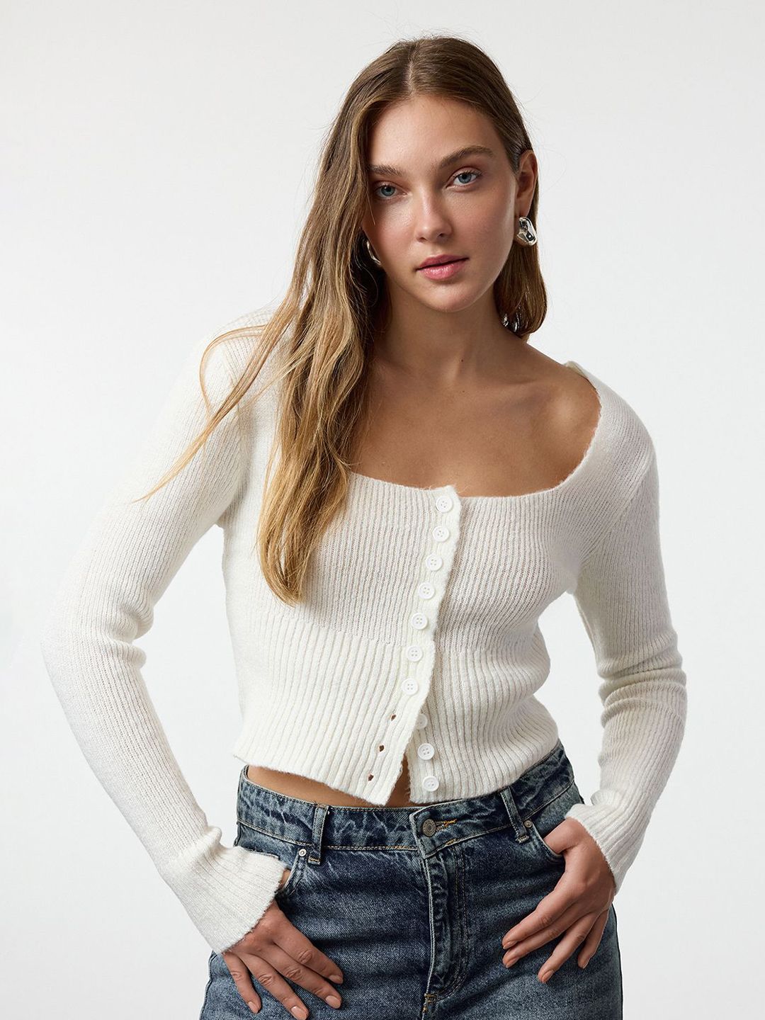 Trendyol Ekru Women Ribbed Crop Cardigan Sweater