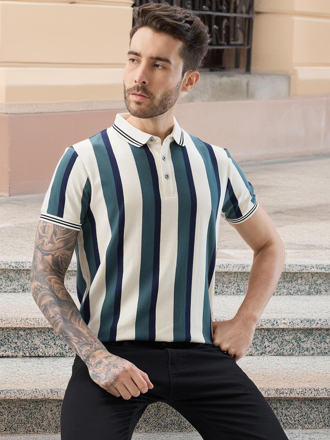 Status Quo Men Striped Polo Collar T-shirt
