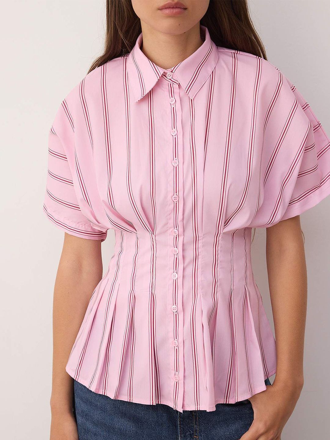 Trendyol Pembe-ok Renkli Women Striped Spread Collar Casual Shirt