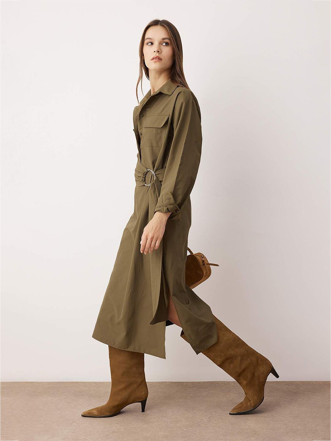 Trendyol Women Shirt Collar Belted Shirt Midi Dress