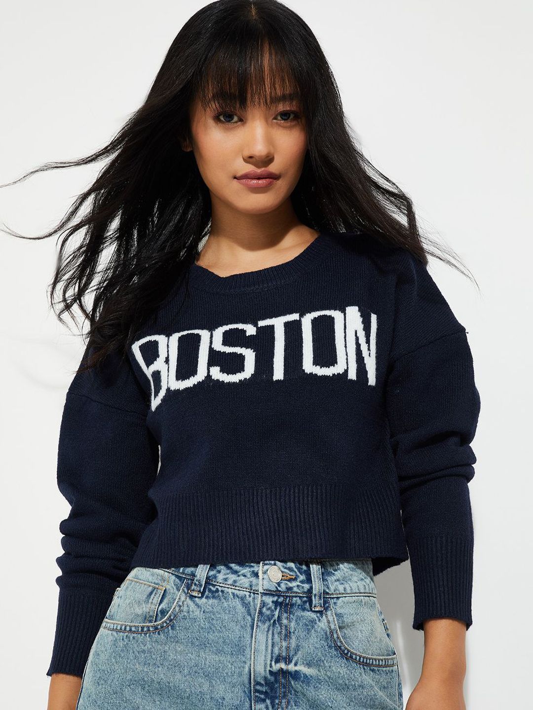 max Women Alphanumeric Printed Crop Pullover