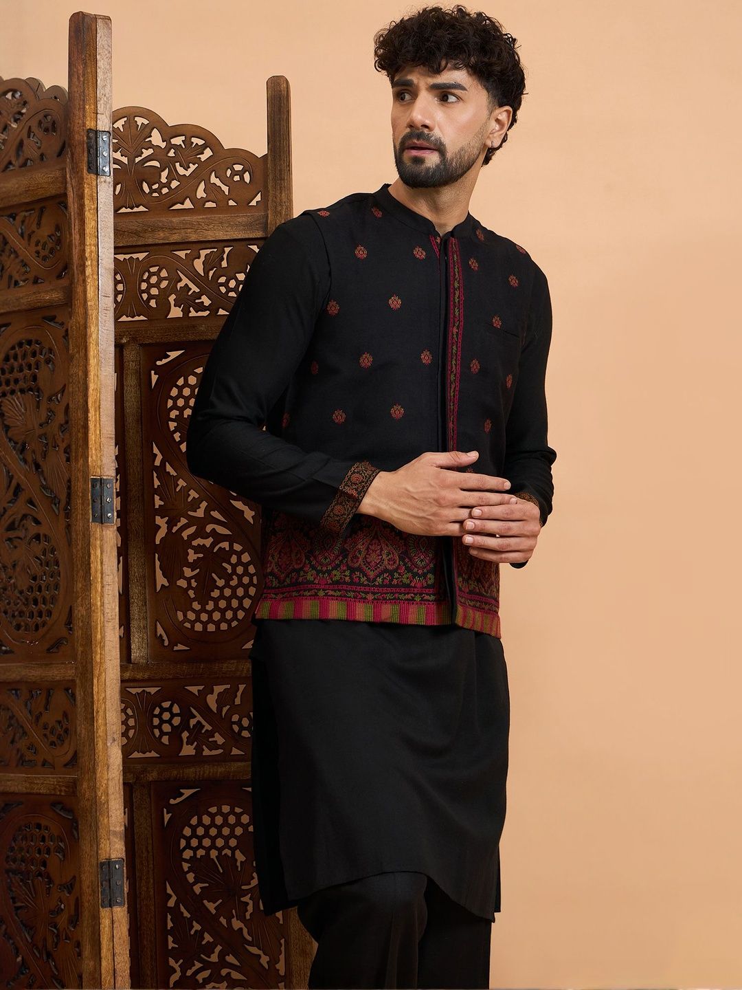 House of Pataudi Winter Pashmina Men Woven Design Winter Nehru Jacket