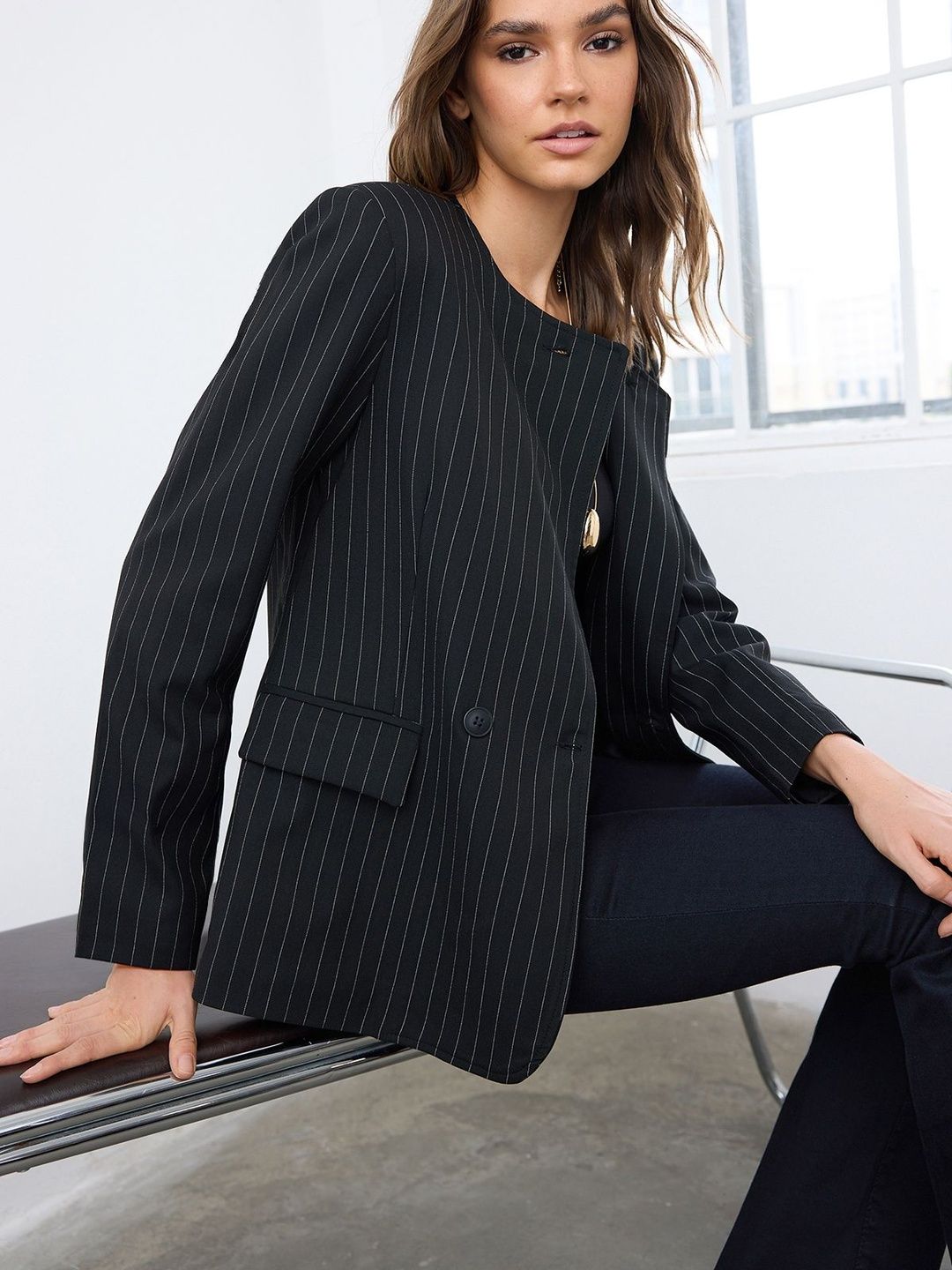 Trendyol Striped Notched Lapel Collar Double Breasted Blazer