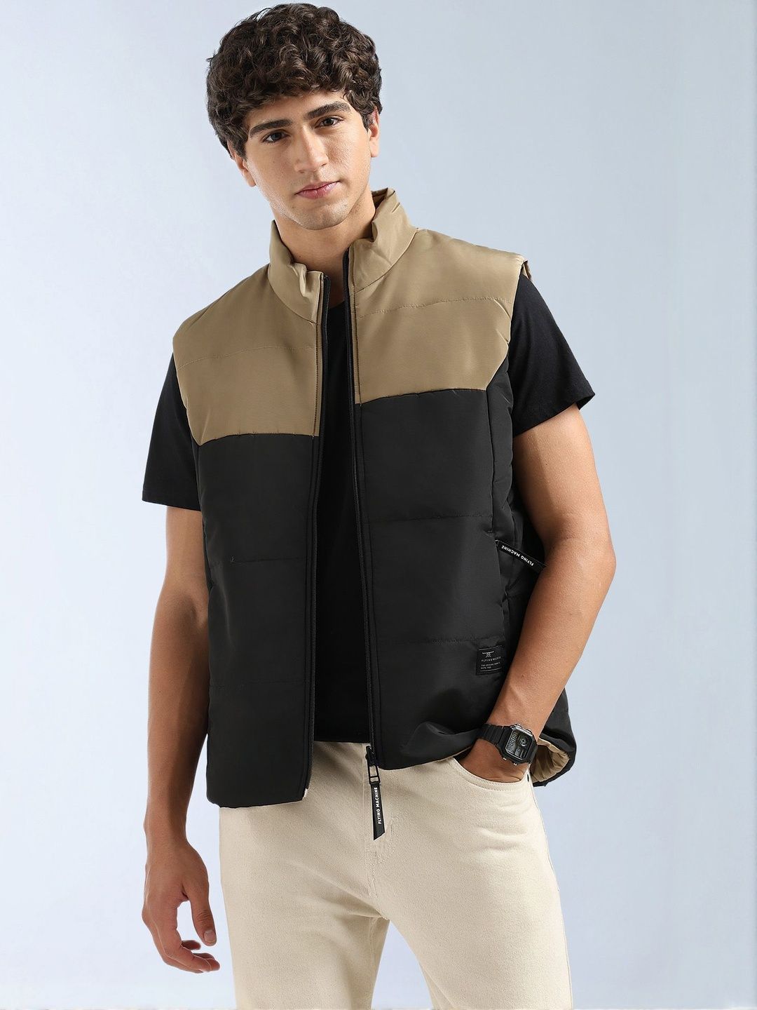 Flying Machine Men Mock Collar Colourblocked Reversible Gilet Jacket