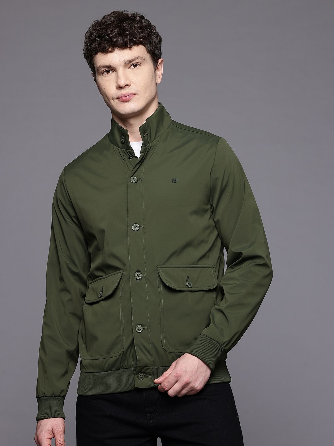 Allen Solly Mock Collar Bomber Jacket with Utility Pockets