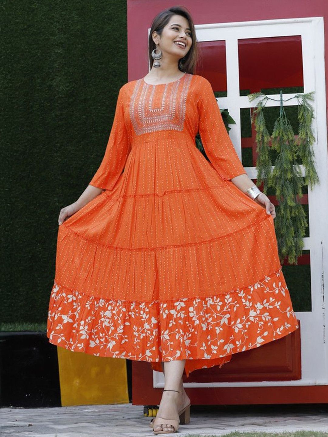 BAIRAJ Embroidered Round Neck Sequined A-Line Maxi Dress