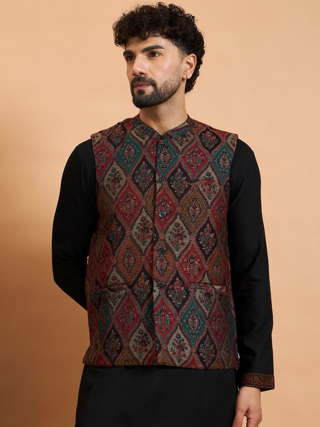 House of Pataudi House of Pataudi Winter Pashmina Men Woven Design Winter Nehru Jacket