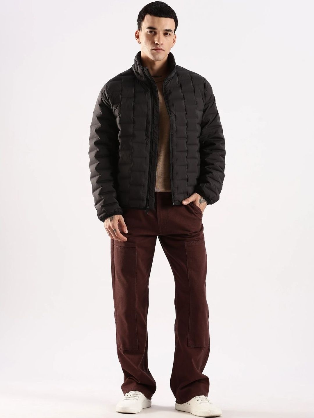 Calvin Klein Jeans Men Stand Collar Self Design Padded Jacket