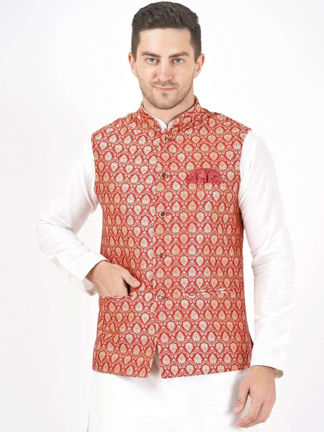 Badoliya & Sons Woven-Design Zari Jacquard Nehru Jackets