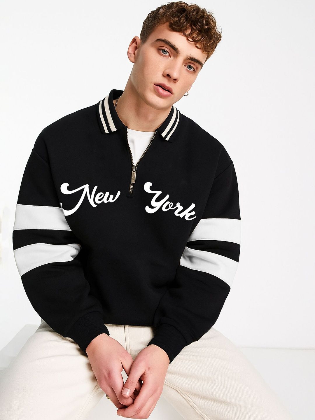 JUMPCUTS Men Typography Printed Polo Collar Drop-Shoulder Sleeves T-shirt