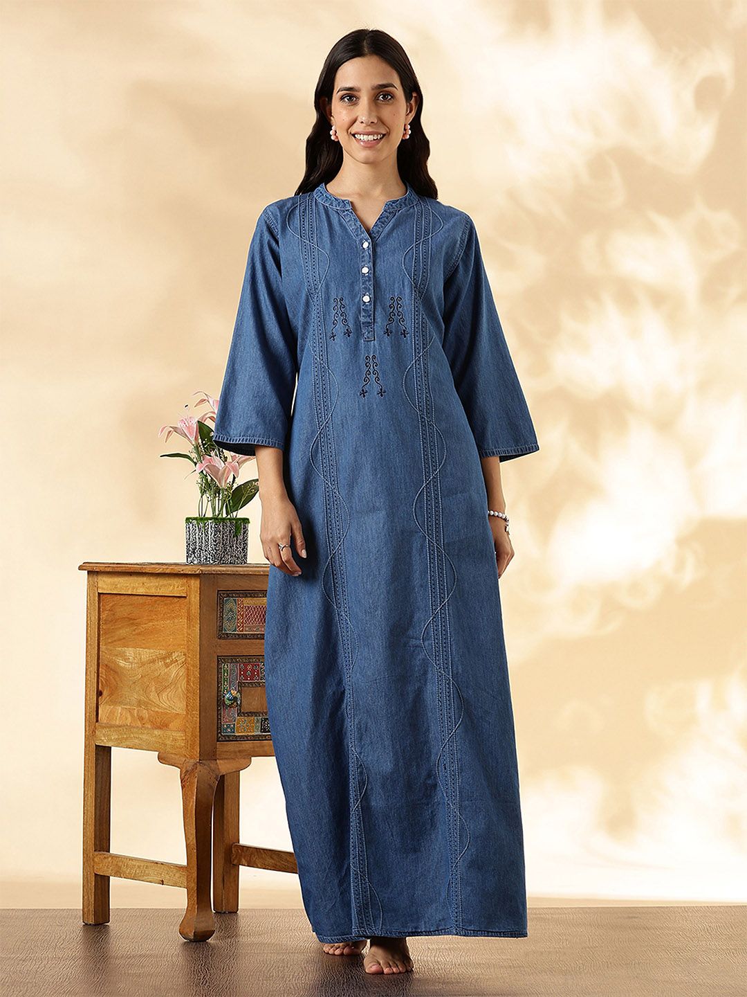 9shines Label Women Mandarin Collar Denim Pure Cotton Maxi Nightdress