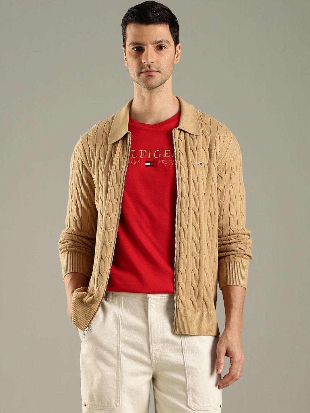 Tommy Hilfiger Men Spread Collar Self Design Open Front Jacket