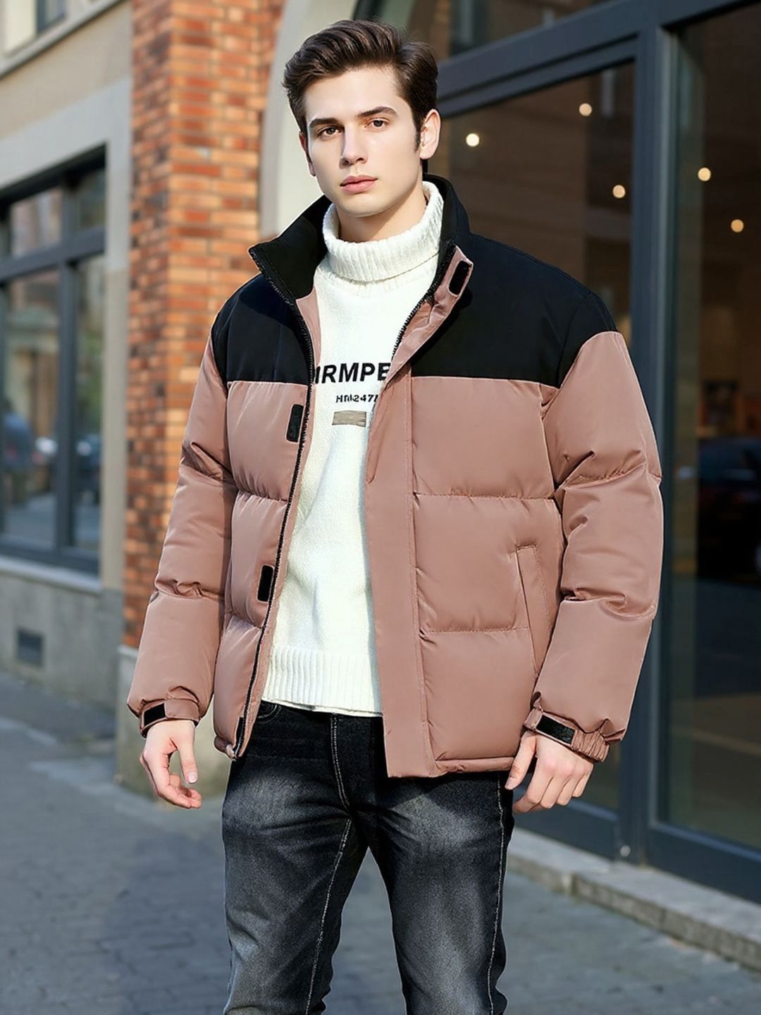 Mast & Harbour Men Mock Collar Colourblocked Puffer Jacket