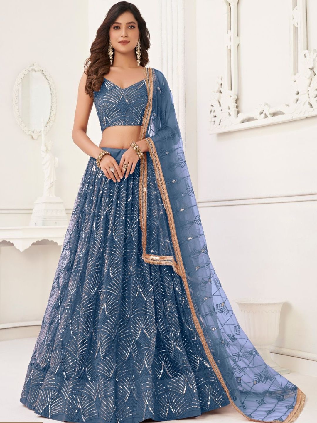 EthniQlo Blue Sequins Embellished Net Lehenga Choli & Dupatta