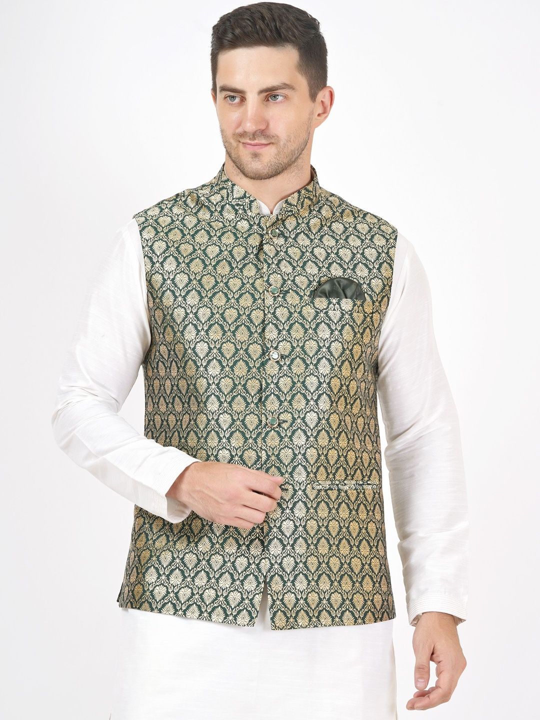 Badoliya & Sons Men Woven-Design Golden Zari Jacquard Nehru Jacket