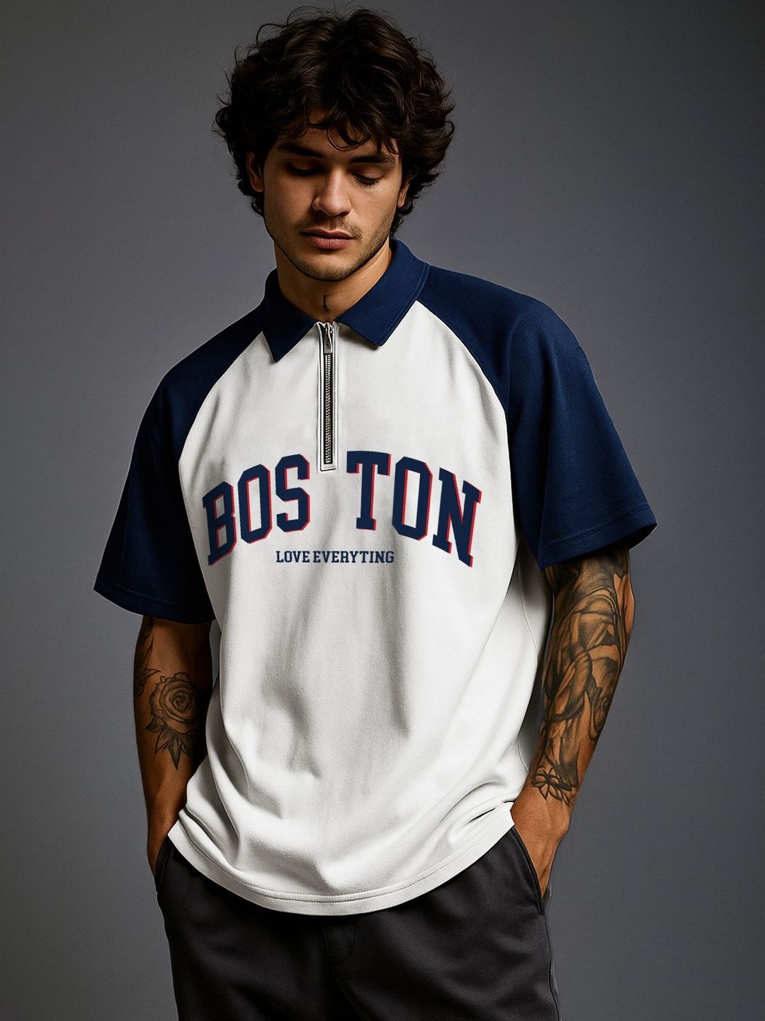 JUMPCUTS Men Typography Printed Polo Collar Cotton Relaxed Fit T-shirt