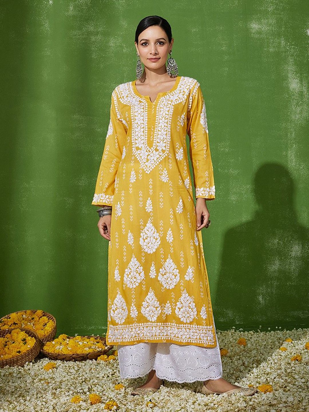 Women Chikankari Kurta House of Chikankari Women Yellow Cotton Chikankari Embroidered Kurta