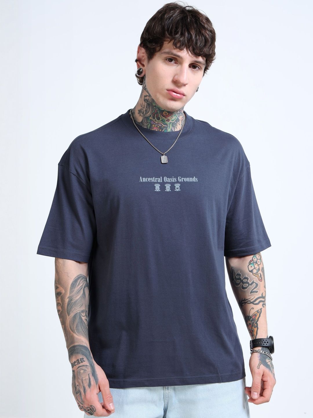 FROSEN FOX Oversized Printed Cotton Round Neck Drop-Shoulder Sleeves T-shirt