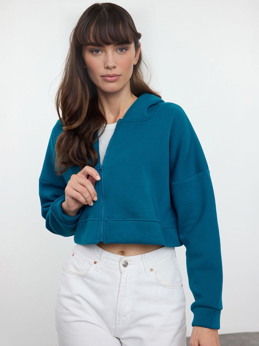 Trendyol Trendyol Women Petrol Hooded Front-Open Sweatshirt