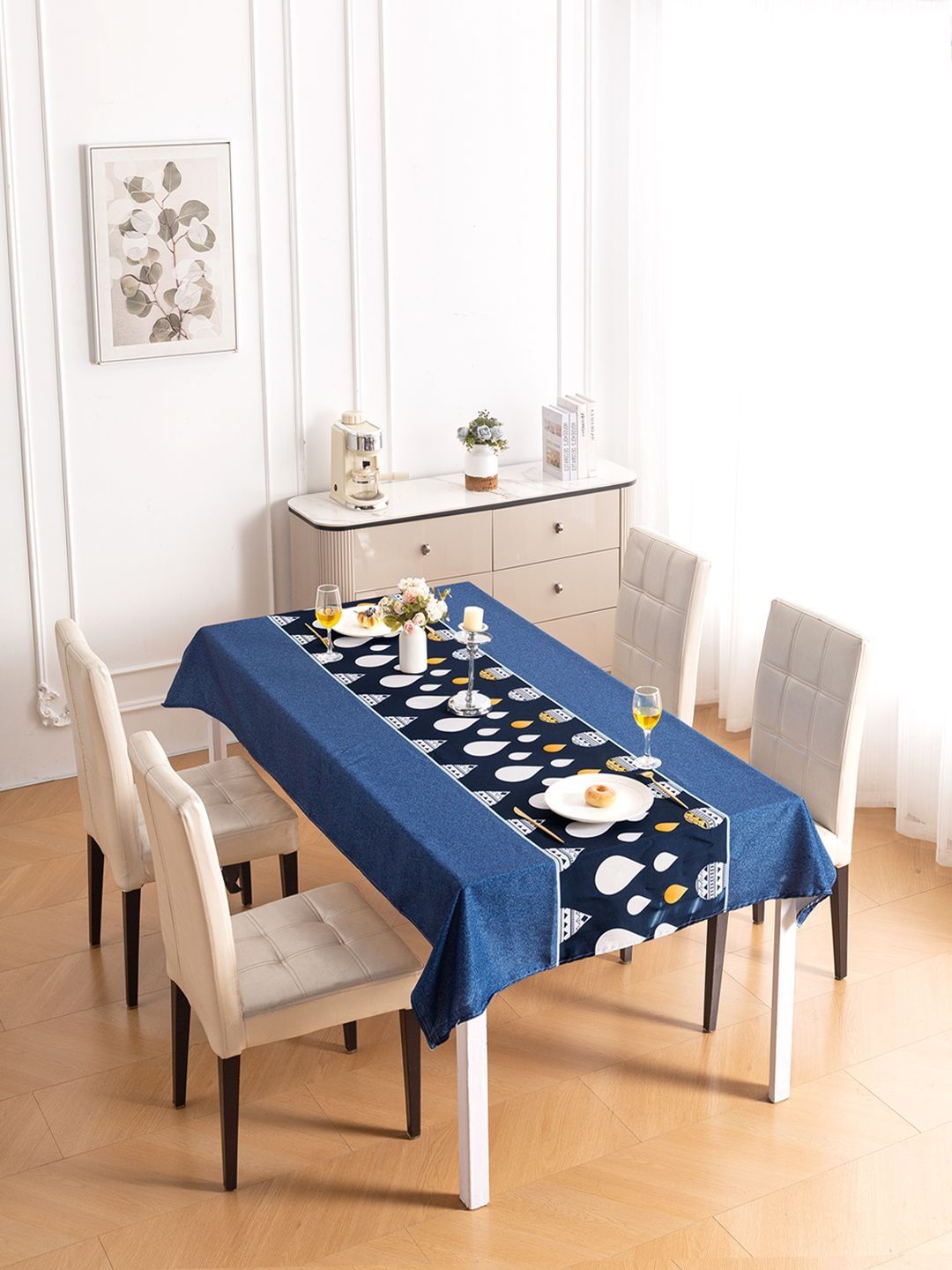 HOKIPO Navy Drops Table Cloth for 4 Seater Dining Table Cover 55x71 inches