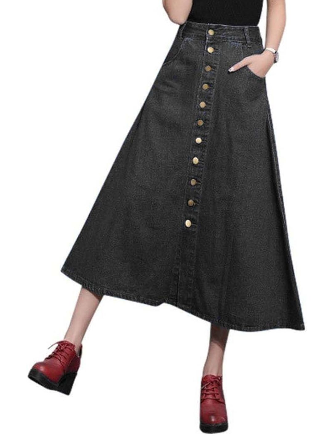 Tripursundari Fashion Washed Denim Buttoned A-Line Midi Skirt