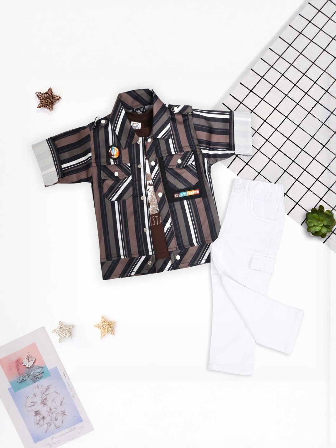 Bad Boys Boys Striped Long Sleeves Shirt With T-Shirt & Trouser