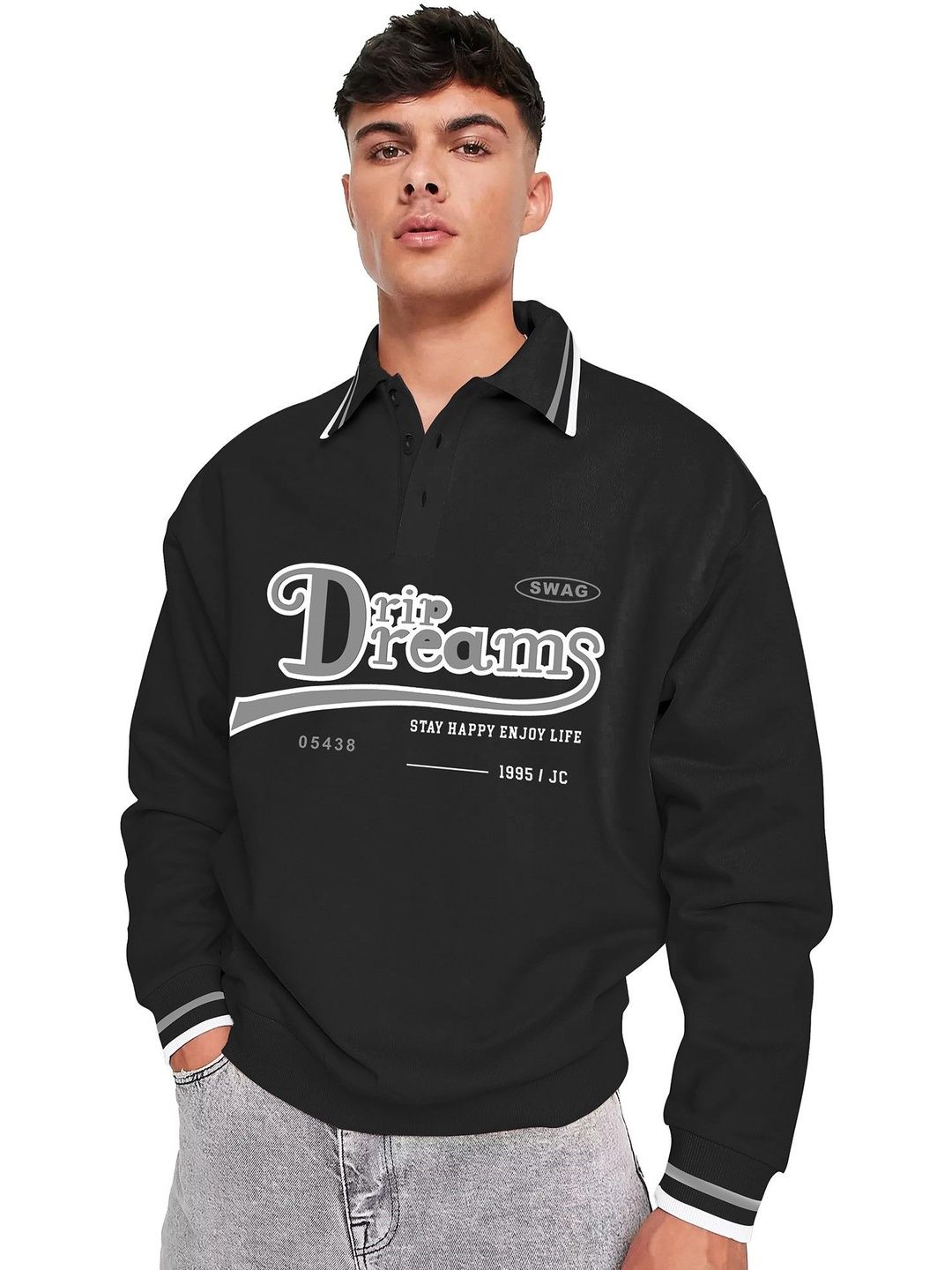 JUMPCUTS Men Typography Printed Polo Collar Cotton Oversized T-shirt