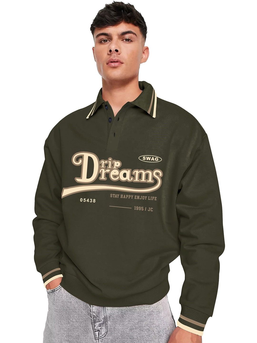 JUMPCUTS Men Typography Printed Polo Collar Cotton Oversized T-shirt