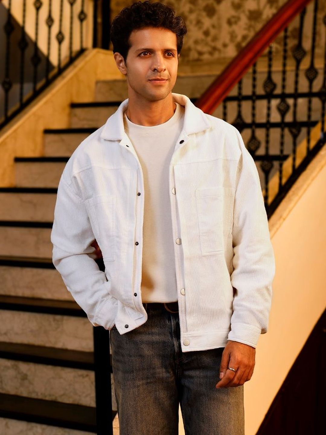 KINGDOM OF WHITE Men Pure Cotton White Corduroy Woven Jacket