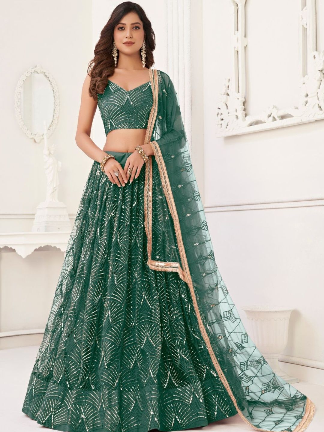 EthniQlo Bottle Green Sequins Work Lehenga Choli In Net