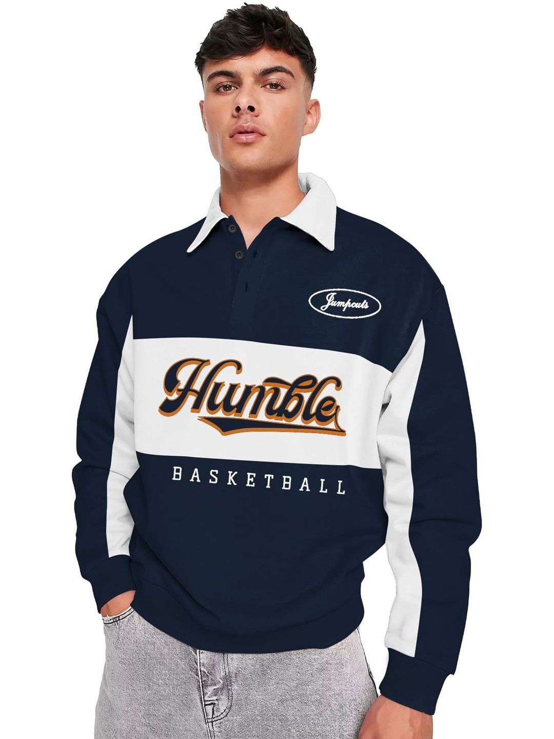 JUMPCUTS Typography Printed Polo Collar Pullover Navy Sweatshirt