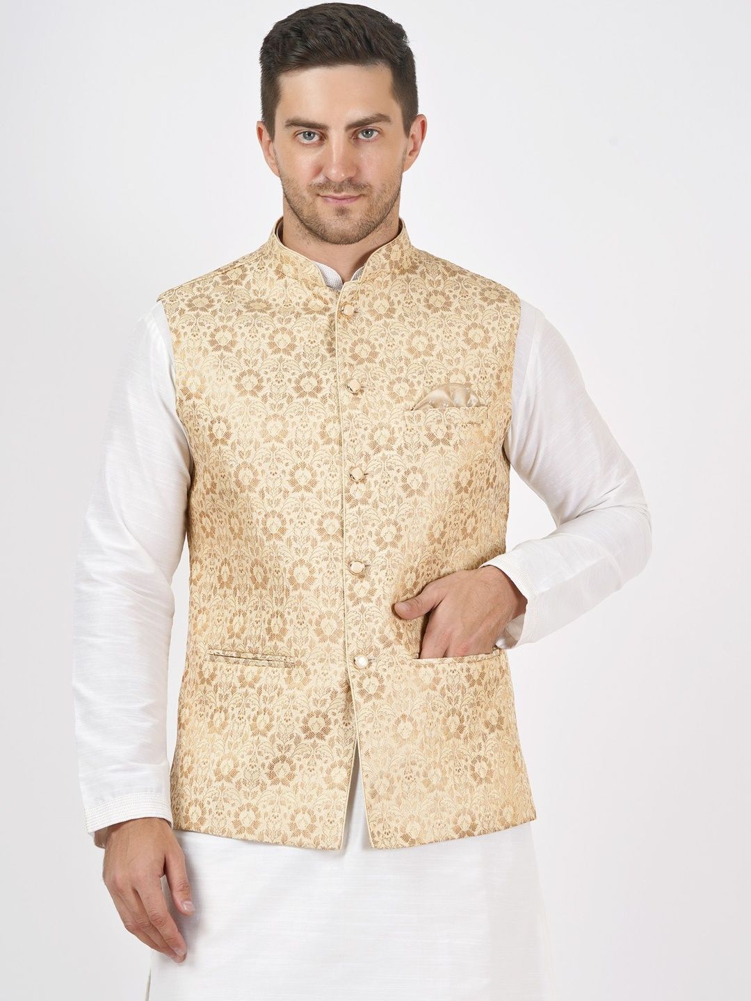 Badoliya & Sons Men Woven-Design Golden Zari Jacquard Nehru Jacket