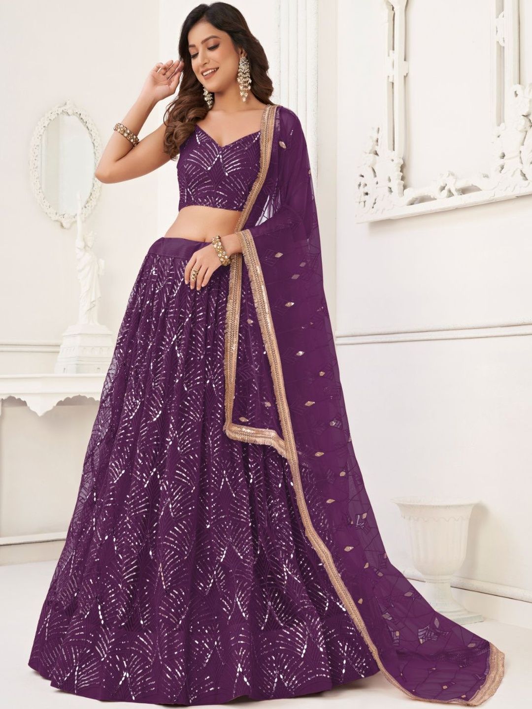 Ethniqlo Purple Embroidered Lehenga Choli In Net