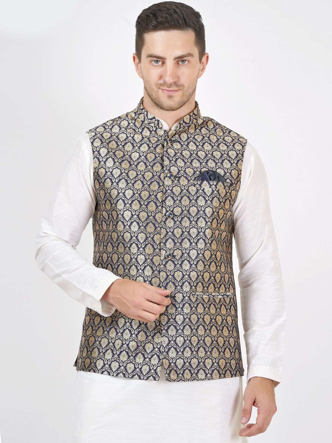Badoliya & Sons Woven Design Mandarin Collar Sleeveless Zari Nehru Jacket