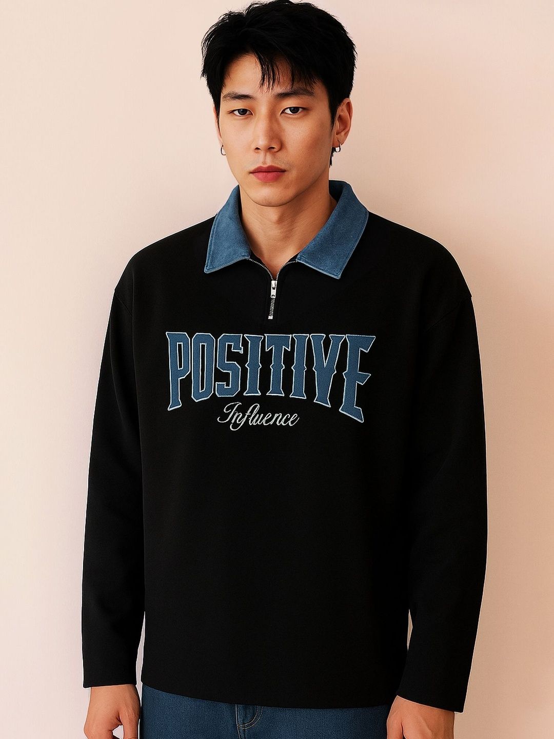 JUMPCUTS Typography Printed Polo Collar Relaxed Fit T-shirt
