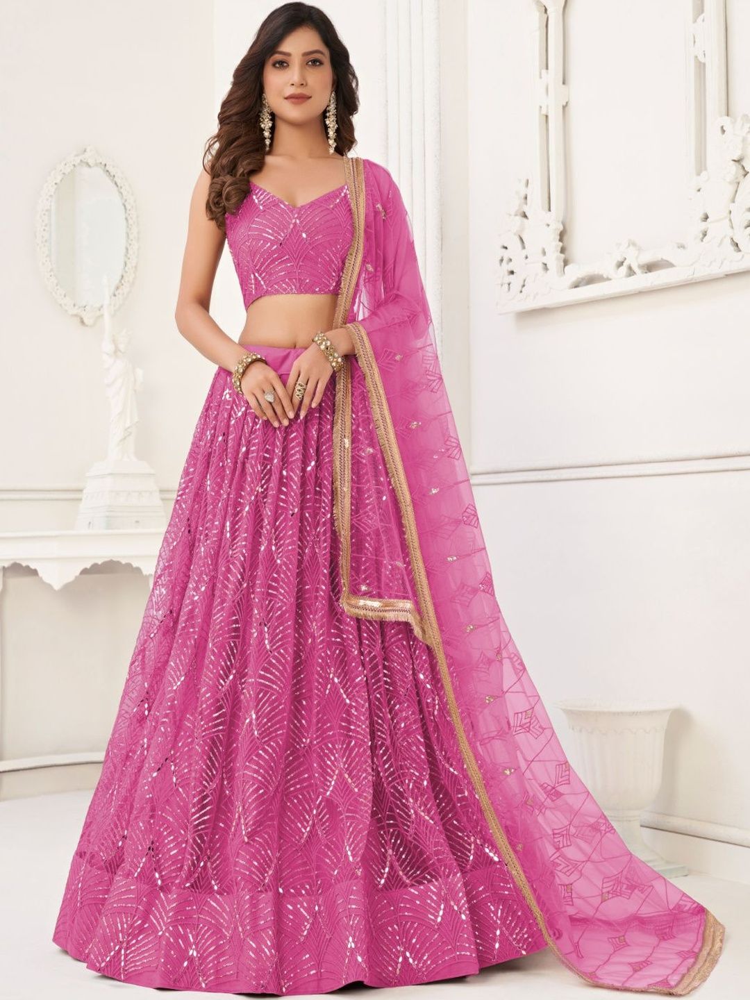 EthniQlo Salmon Pink Sequin Embellished Lehenga Choli In Net