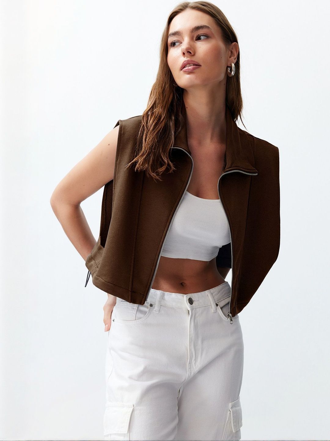 Trendyol Kahverengi Women Spread Collar Open Front Jacket