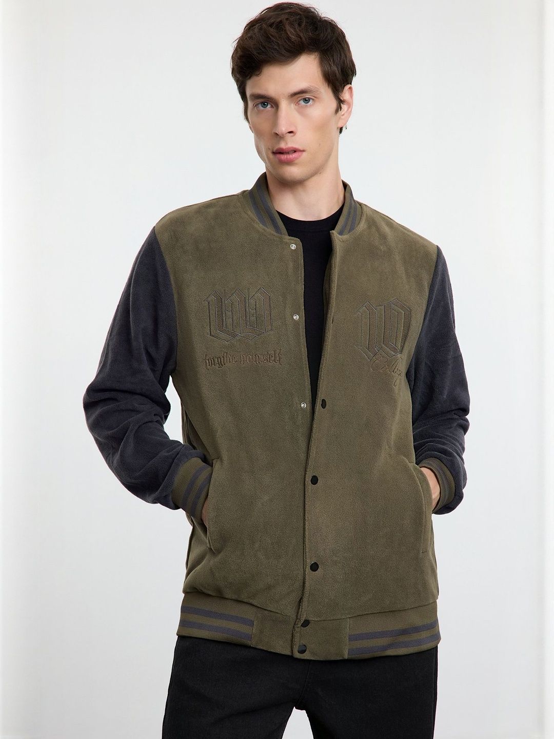 Trendyol Colourblocked Stand Collar Lightweight Varsity Jacket With Embroidered