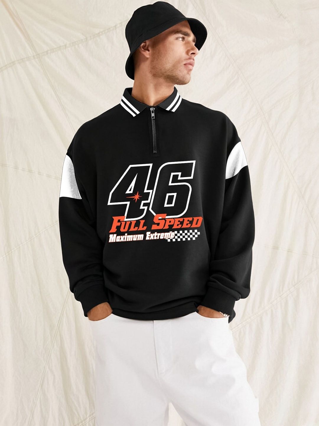 JUMPCUTS Oversized Typography Printed Polo Collar Long Sleeves T-Shirt