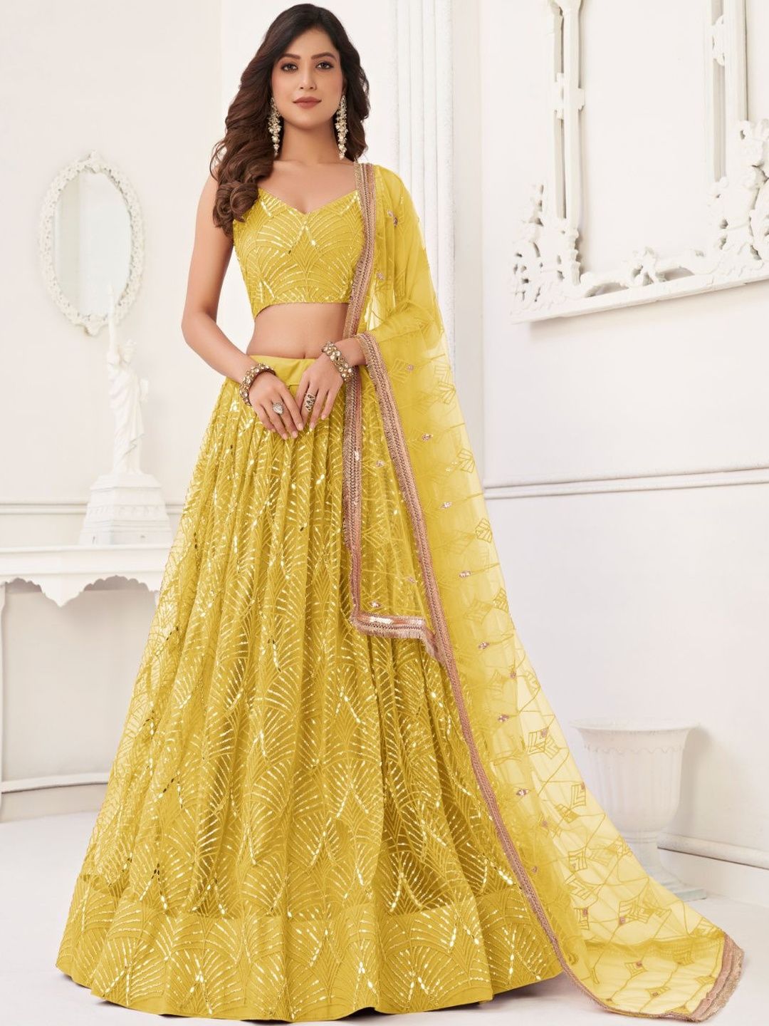 EthniQlo Yellow Emroidered Lehenga Choli Embroidered
